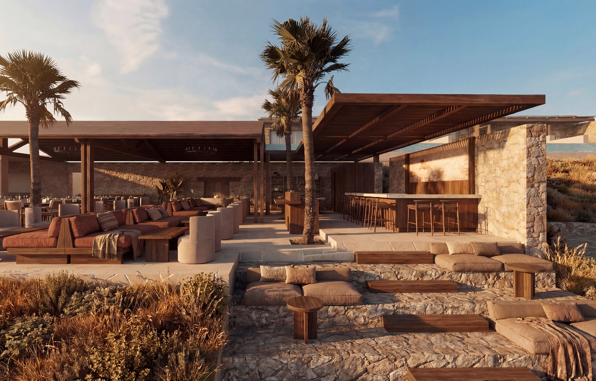 Lofos Social House terrace at sunset